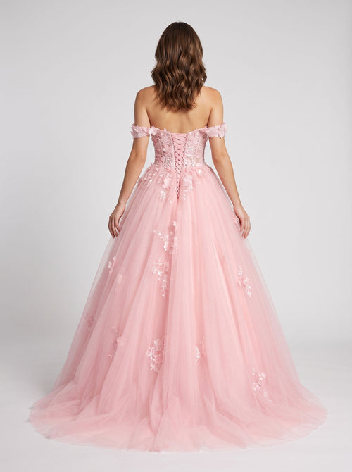 Blushing Pink Tulle & Lace A-Line Off-the-Shoulder Lace-up Floor-Length Dress with Lace Appliques