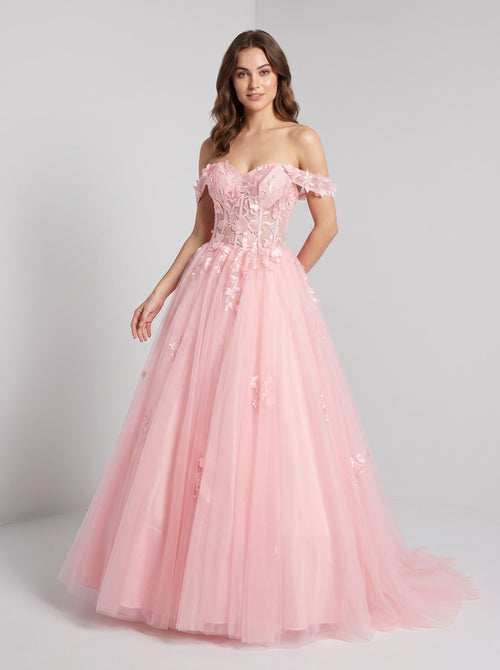 Blushing Pink Tulle & Lace A-Line Off-the-Shoulder Lace-up Floor-Length Dress with Lace Appliques