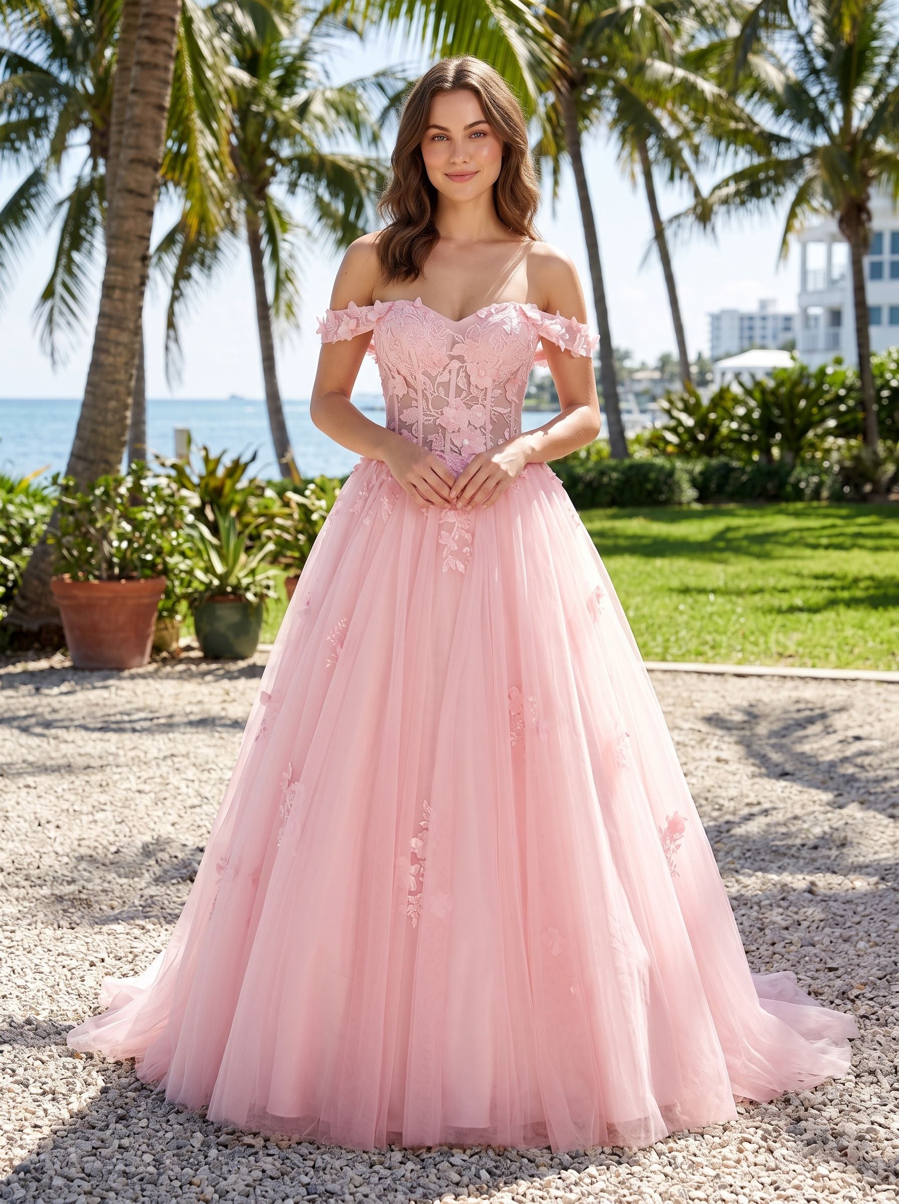 Blushing Pink Tulle & Lace A-Line Off-the-Shoulder Lace-up Floor-Length Dress with Lace Appliques