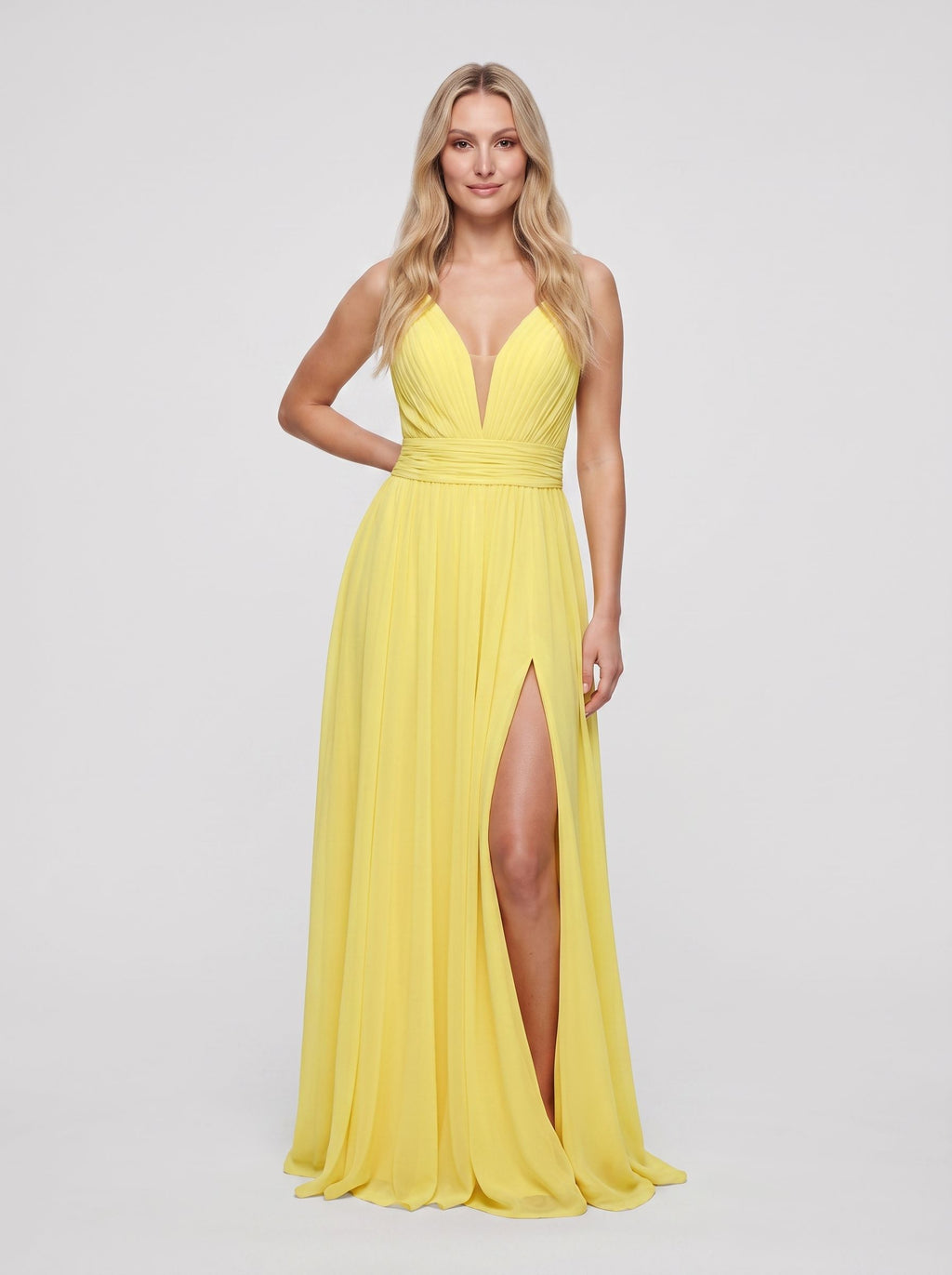Lemon Chiffon A-Line V-Neck Back Zip Floor-Length Dress with Ruched Waist and High Slit