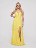 Lemon Chiffon A-Line V-Neck Back Zip Floor-Length Dress with Ruched Waist and High Slit