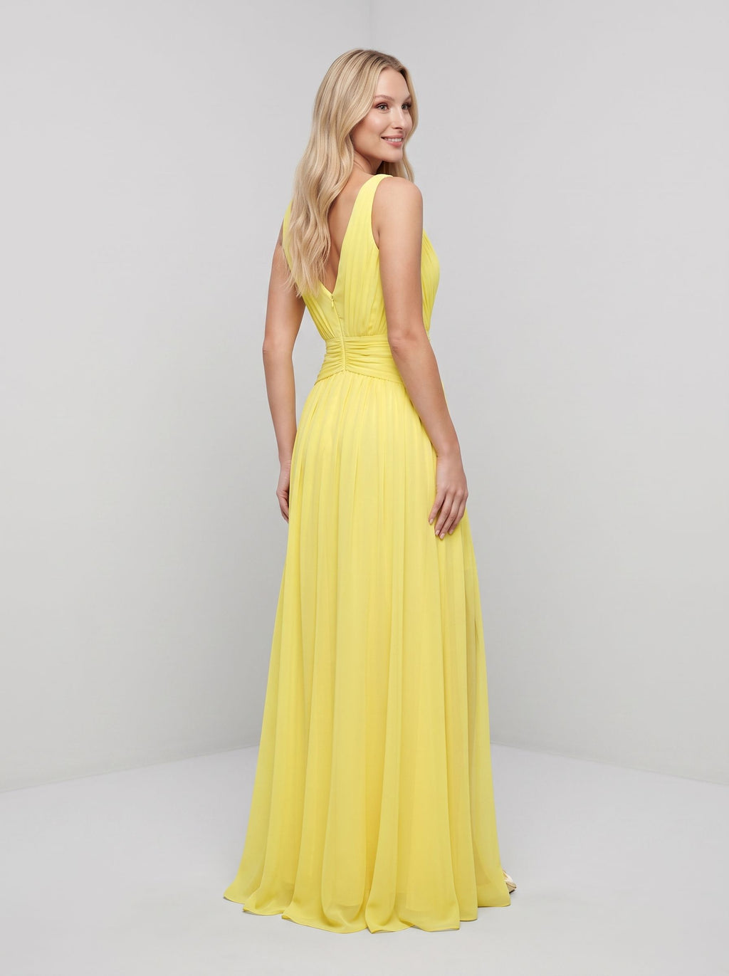 Lemon Chiffon A-Line V-Neck Back Zip Floor-Length Dress with Ruched Waist and High Slit