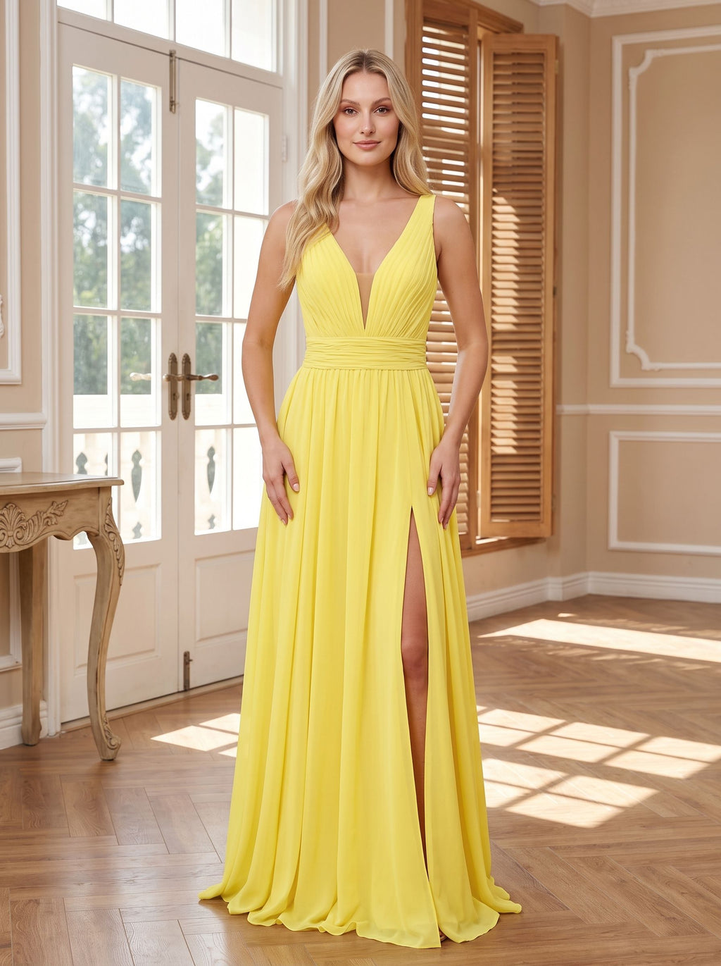 Lemon Chiffon A-Line V-Neck Back Zip Floor-Length Dress with Ruched Waist and High Slit