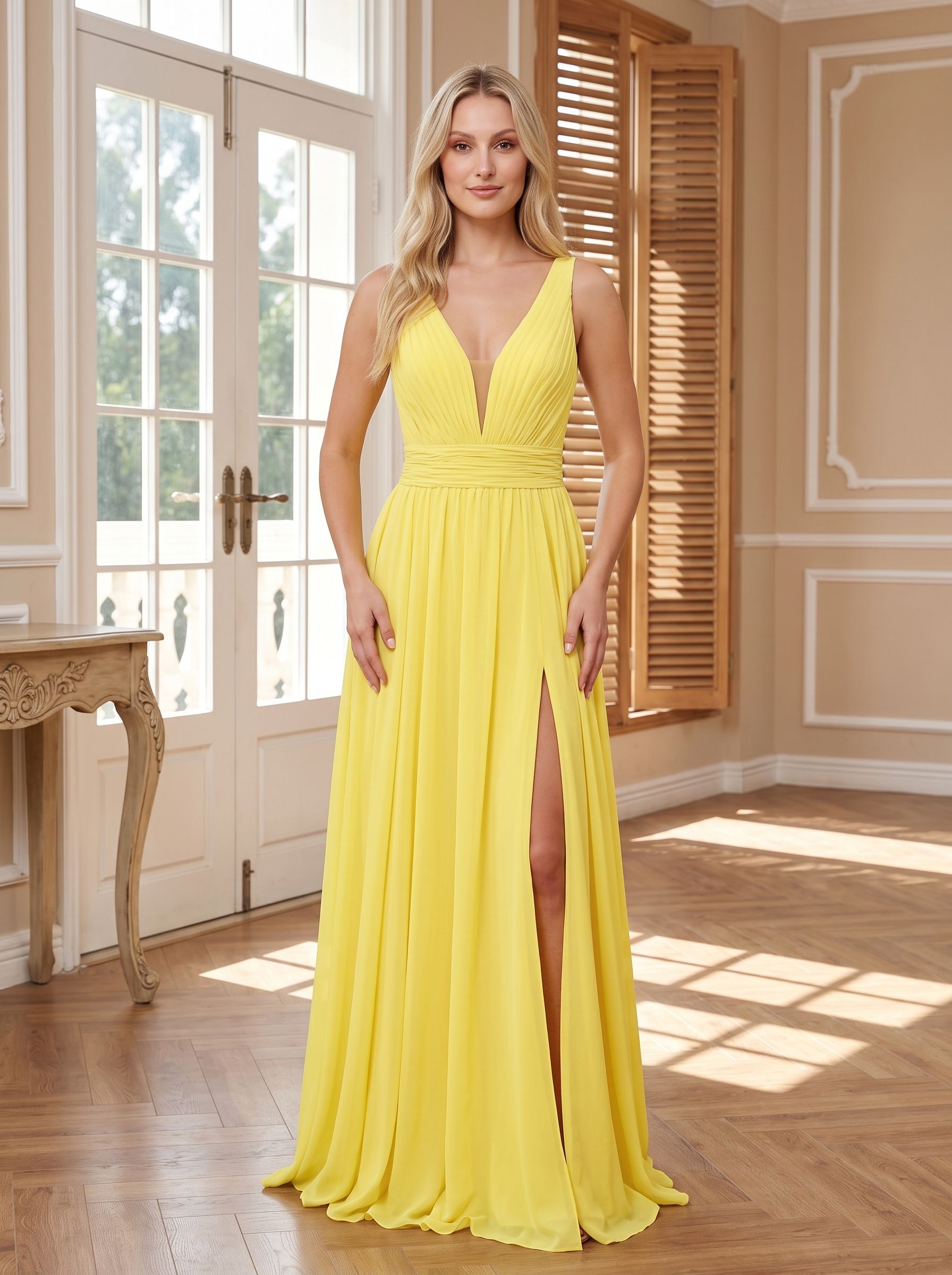 Lemon Chiffon A-Line V-Neck Back Zip Floor-Length Dress with Ruched Waist and High Slit