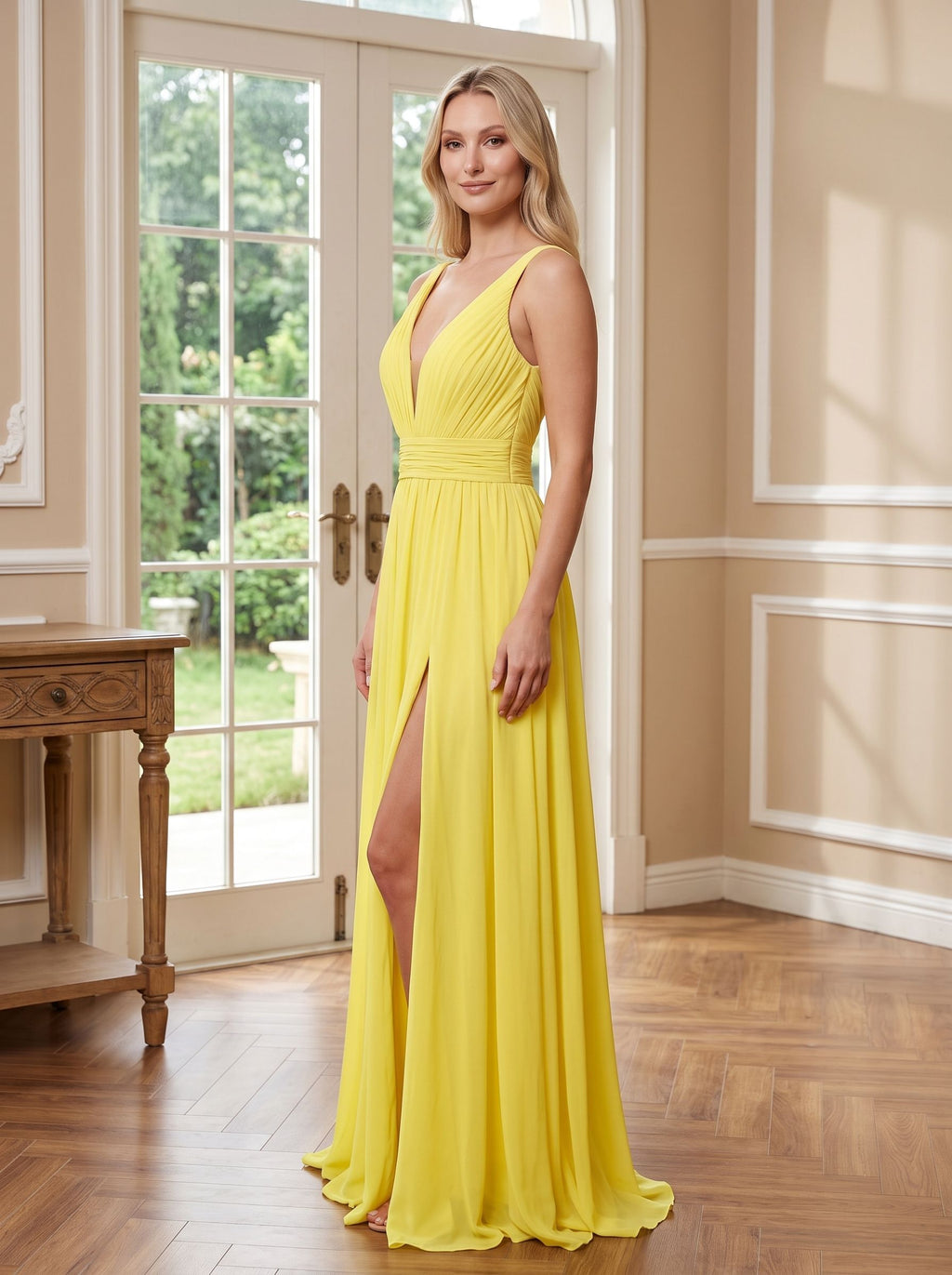 Lemon Chiffon A-Line V-Neck Back Zip Floor-Length Dress with Ruched Waist and High Slit