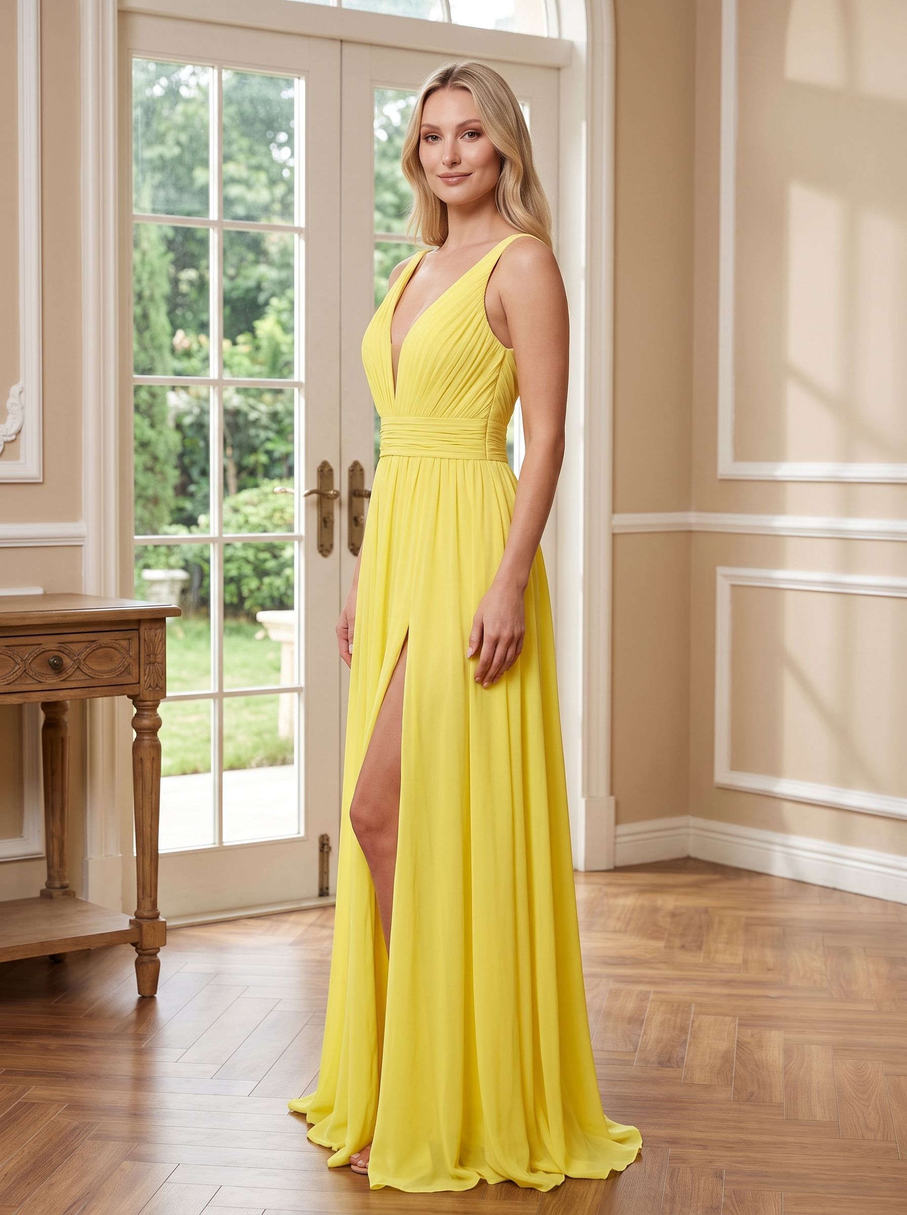 Lemon Chiffon A-Line V-Neck Back Zip Floor-Length Dress with Ruched Waist and High Slit