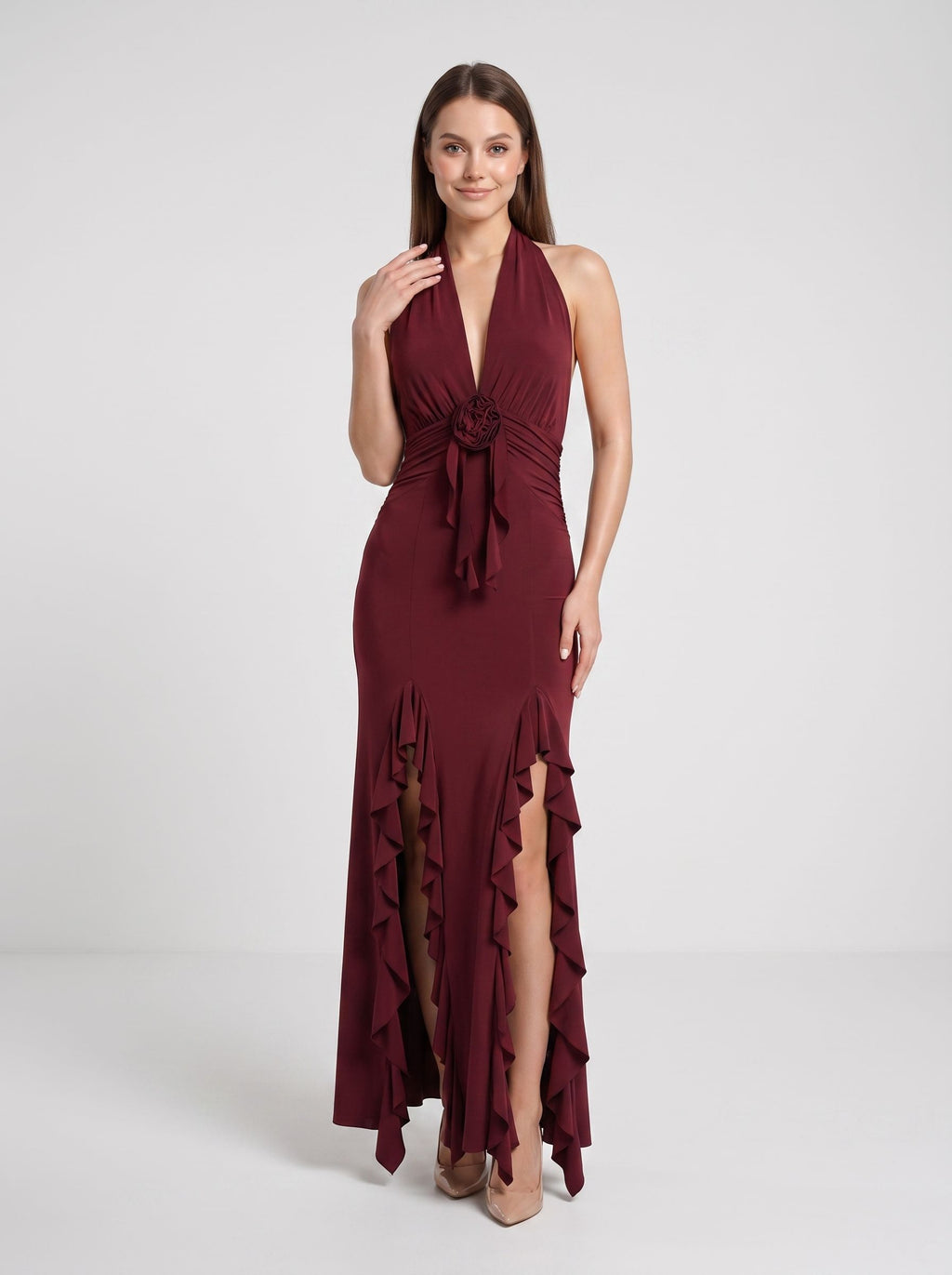 Burgundy Stretch Knit Sheath Halter neckline Backless Floor-Length Dress with 3D Rosette & Split