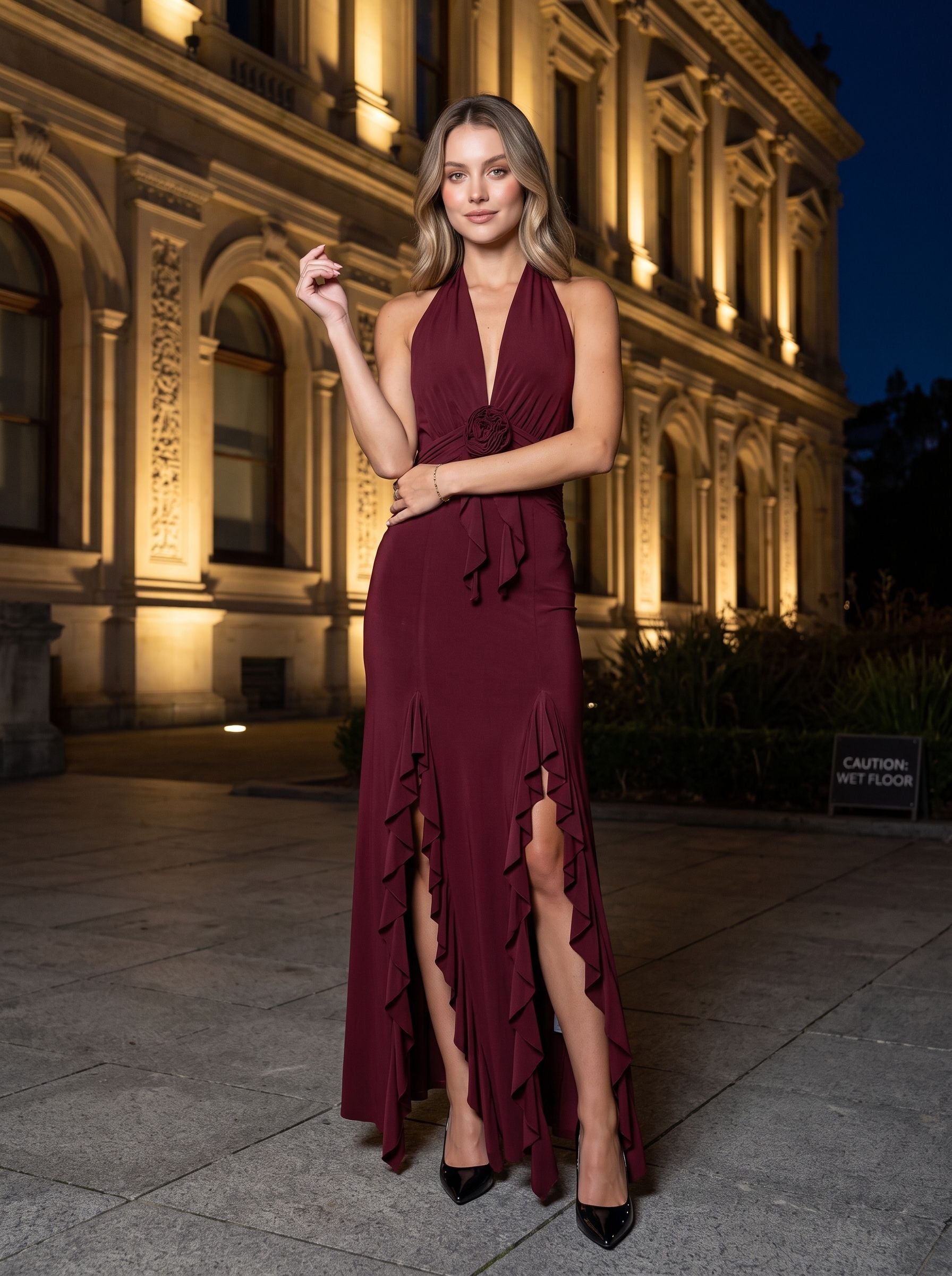Burgundy Stretch Knit Sheath Halter neckline Backless Floor-Length Dress with 3D Rosette & Split