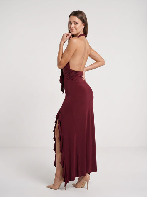Burgundy Stretch Knit Sheath Halter neckline Backless Floor-Length Dress with 3D Rosette & Split