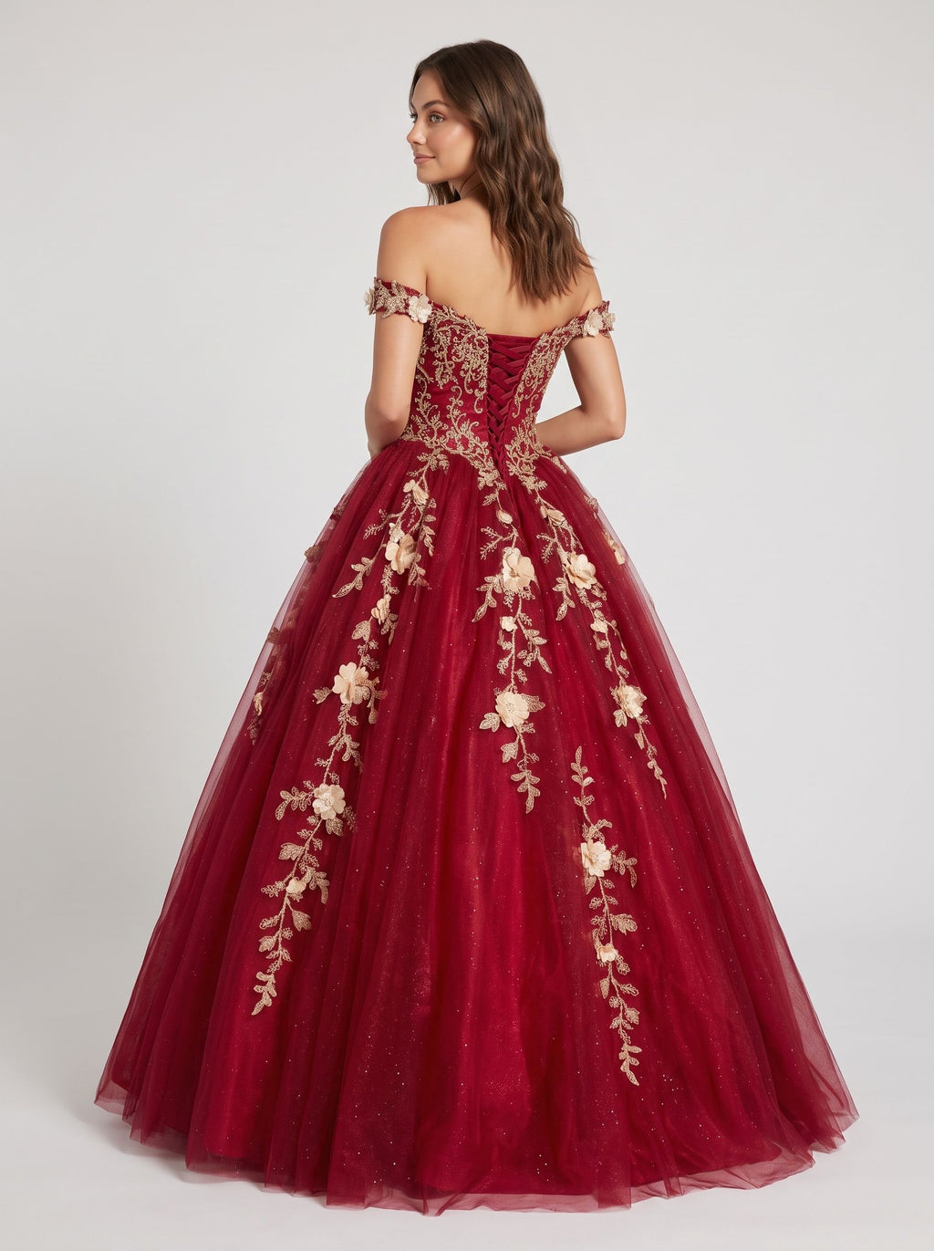 Burgundy Glitter Tulle & Lace A-Line Off-the-Shoulder Floor-Length Dress