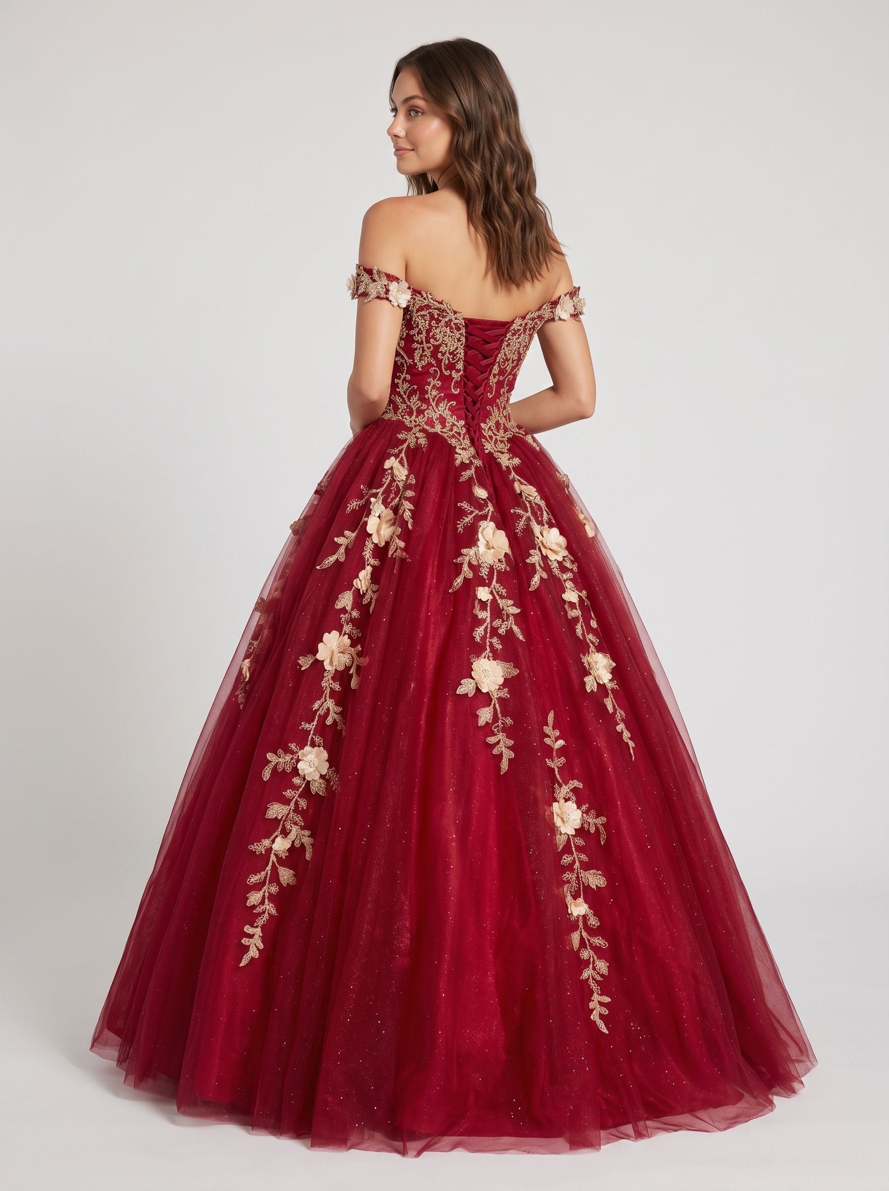 Burgundy Glitter Tulle & Lace A-Line Off-the-Shoulder Floor-Length Dress