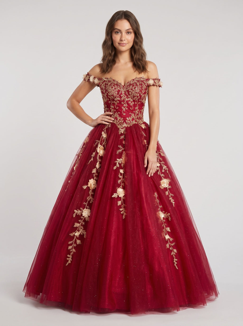Burgundy Glitter Tulle & Lace A-Line Off-the-Shoulder Floor-Length Dress