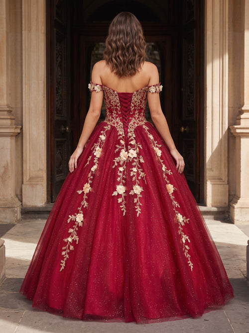 Burgundy Glitter Tulle & Lace A-Line Off-the-Shoulder Floor-Length Dress