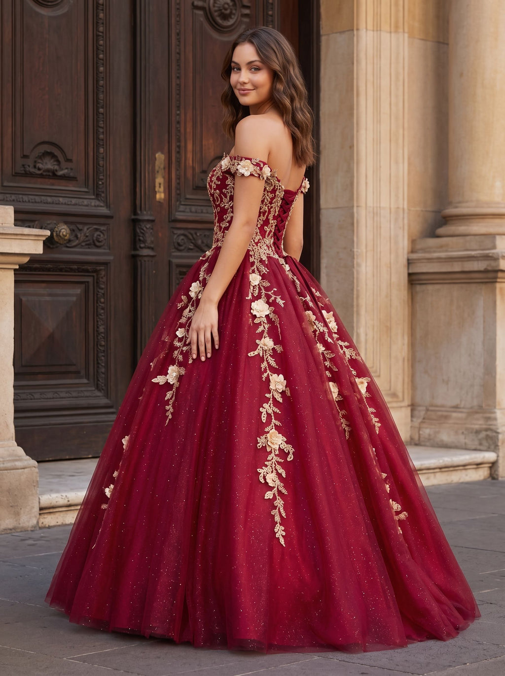 Burgundy Glitter Tulle & Lace A-Line Off-the-Shoulder Floor-Length Dress