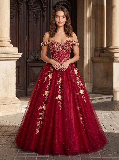 Burgundy Glitter Tulle & Lace A-Line Off-the-Shoulder Floor-Length Dress