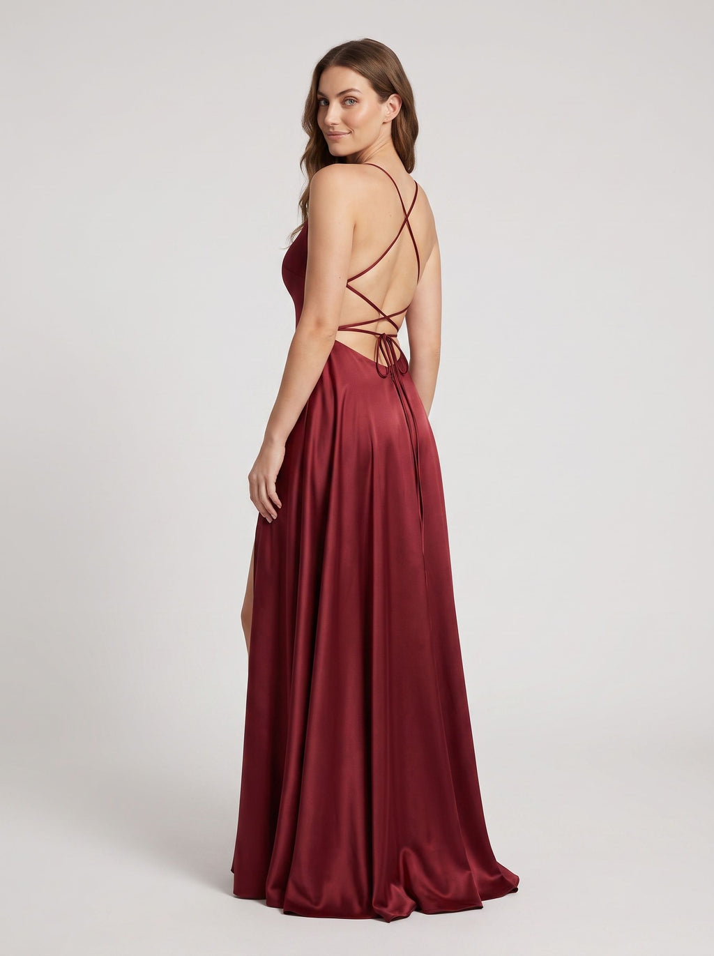 Burgundy Satin A-Line Straight Neck Lace-up Floor-Length Dress with Split Front