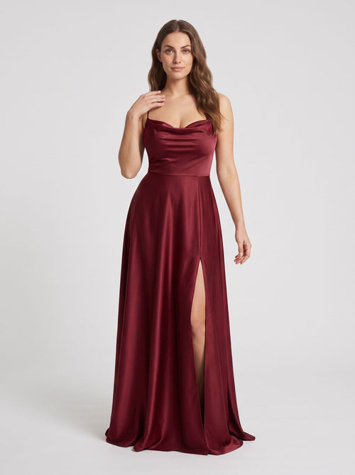 Burgundy Satin A-Line Straight Neck Lace-up Floor-Length Dress with Split Front