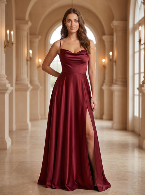 Burgundy Satin A-Line Straight Neck Lace-up Floor-Length Dress with Split Front