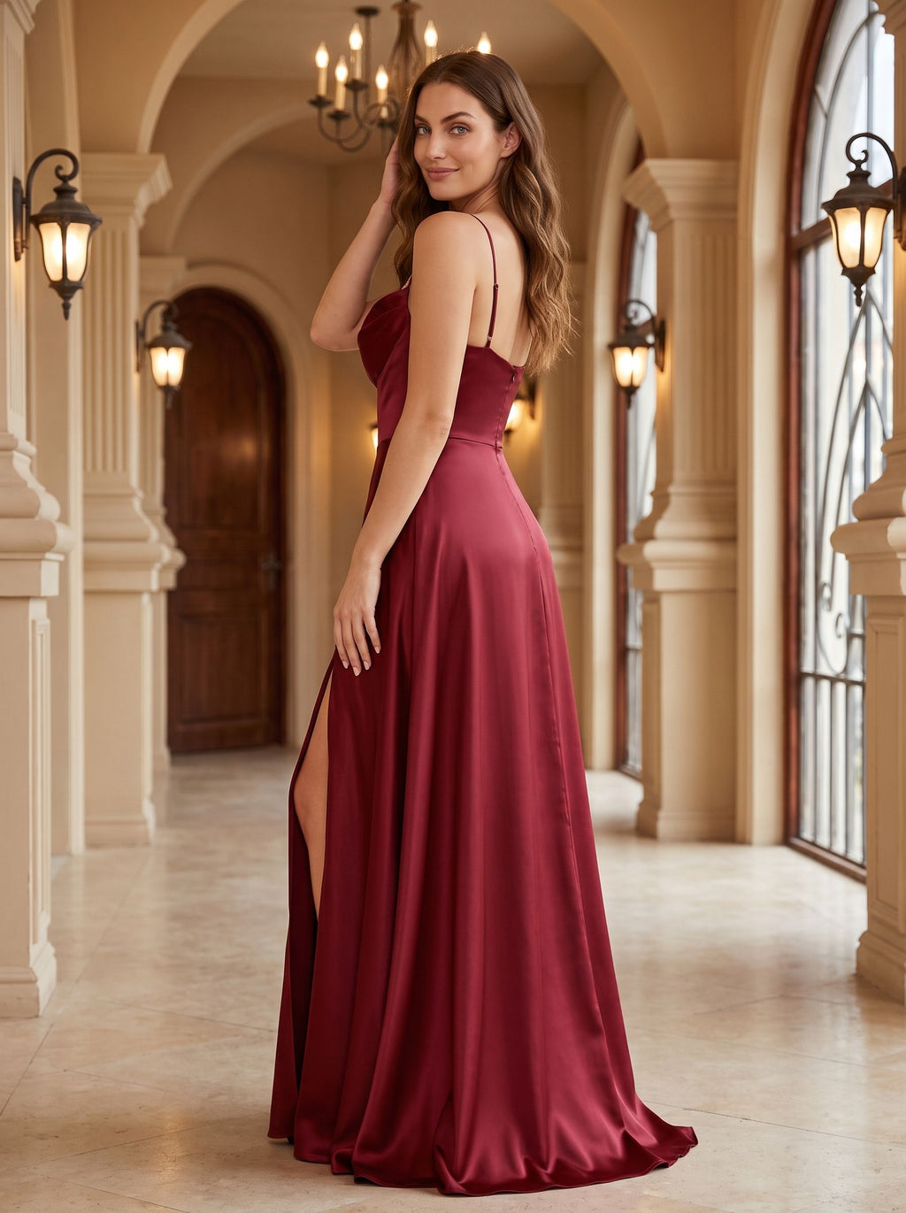 Burgundy Satin A-Line Straight Neck Lace-up Floor-Length Dress with Split Front