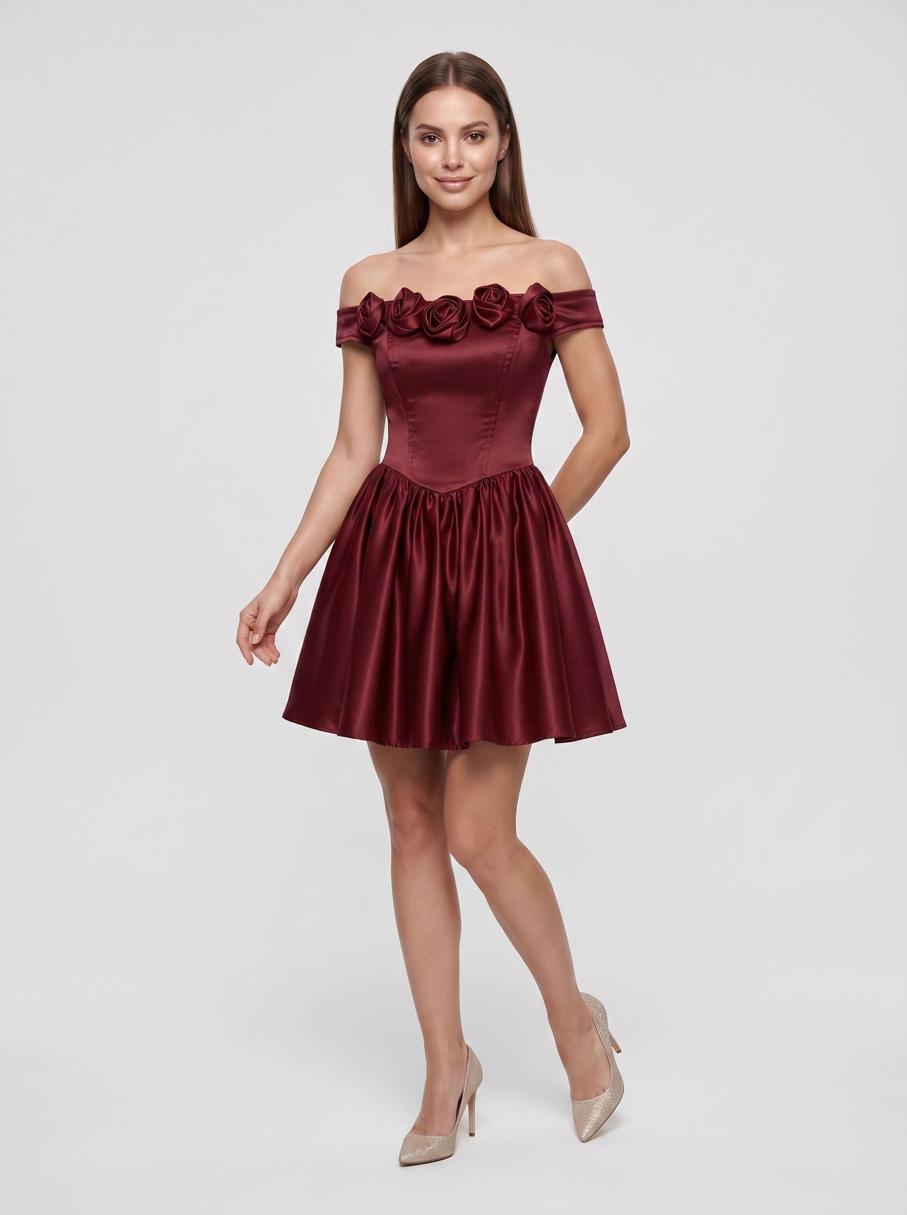 Burgundy Satin A-Line Off-the-Shoulder Back Zip Short Dress with 3D Floral Details