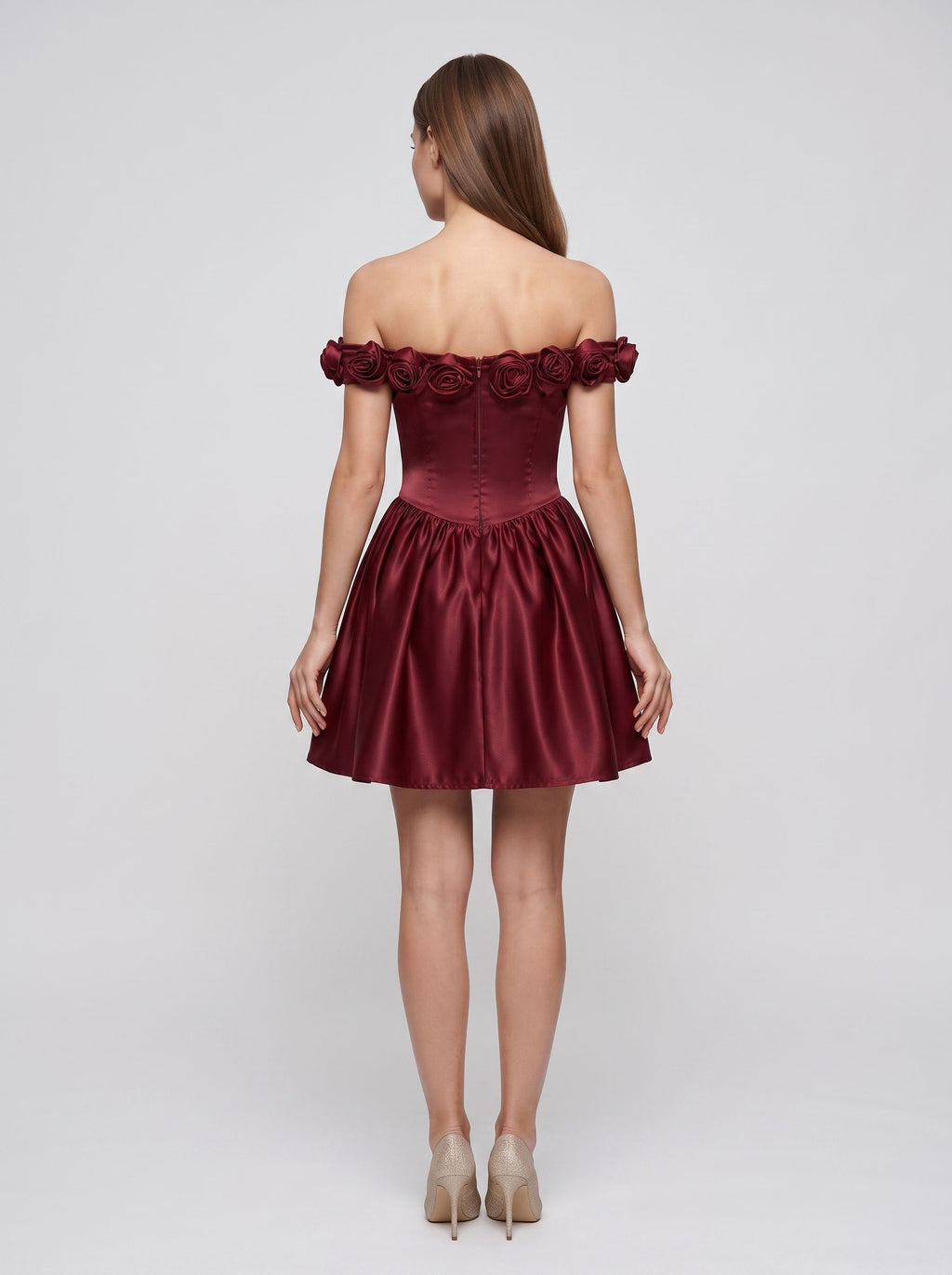 Burgundy Satin A-Line Off-the-Shoulder Back Zip Short Dress with 3D Floral Details