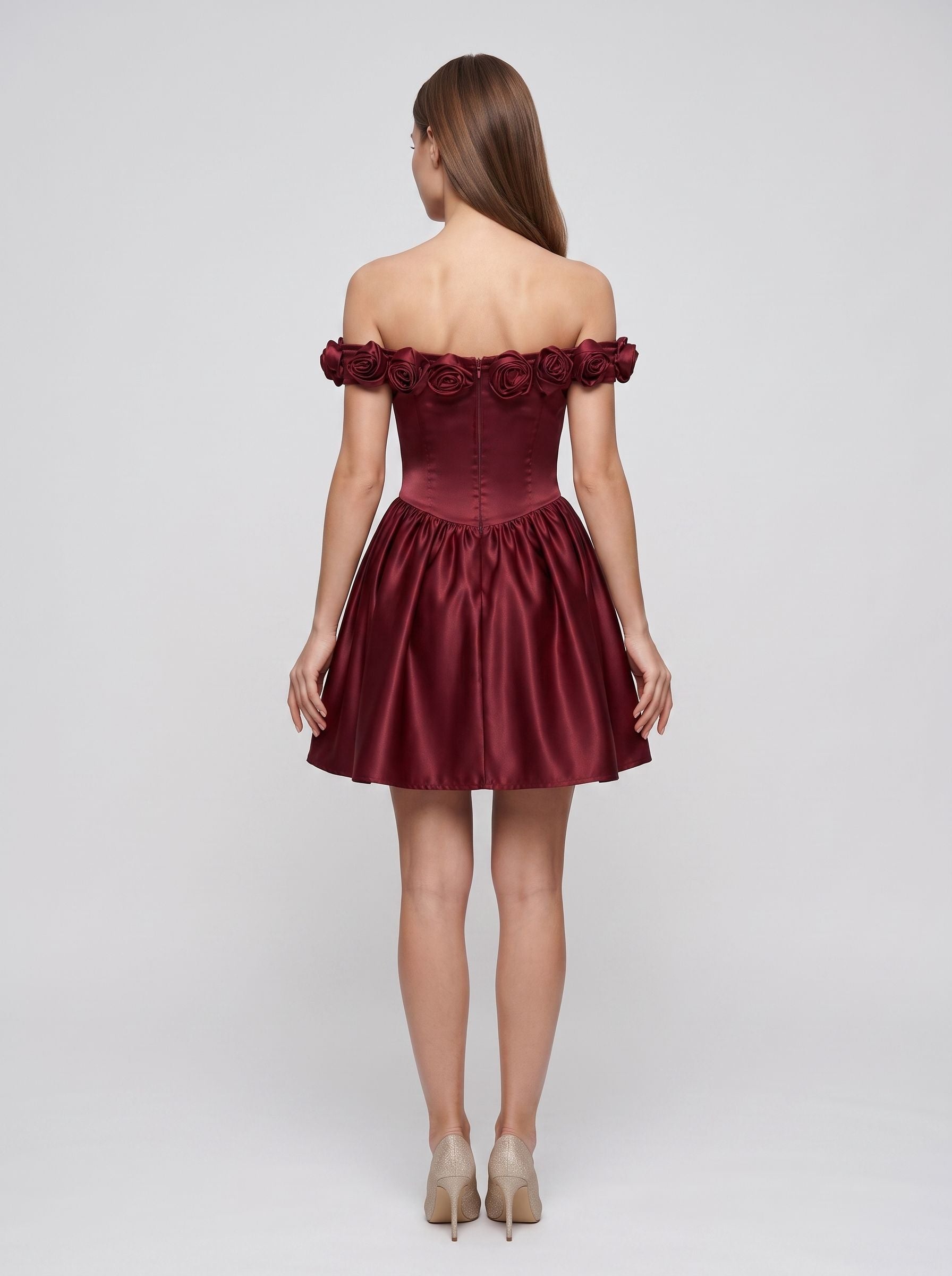 Burgundy Satin A-Line Off-the-Shoulder Back Zip Short Dress with 3D Floral Details