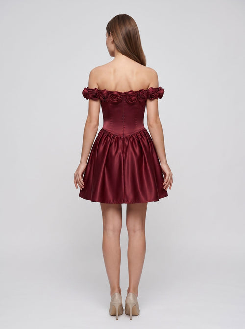 Burgundy Satin A-Line Off-the-Shoulder Back Zip Short Dress with 3D Floral Details
