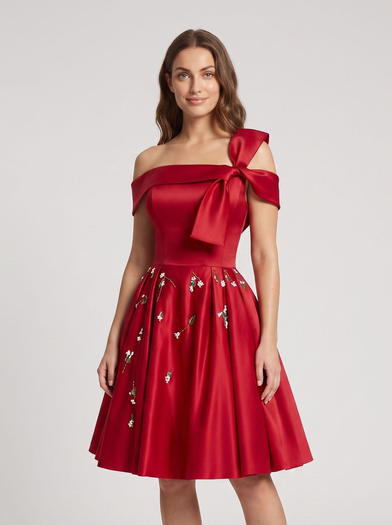 Red Satin A-Line Off-the-Shoulder Criss-Cross Straps Short Dress