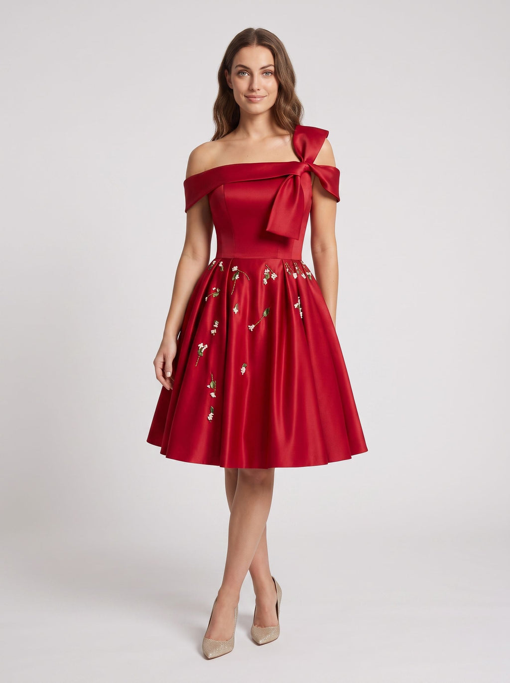 Red Satin A-Line Off-the-Shoulder Criss-Cross Straps Short Dress