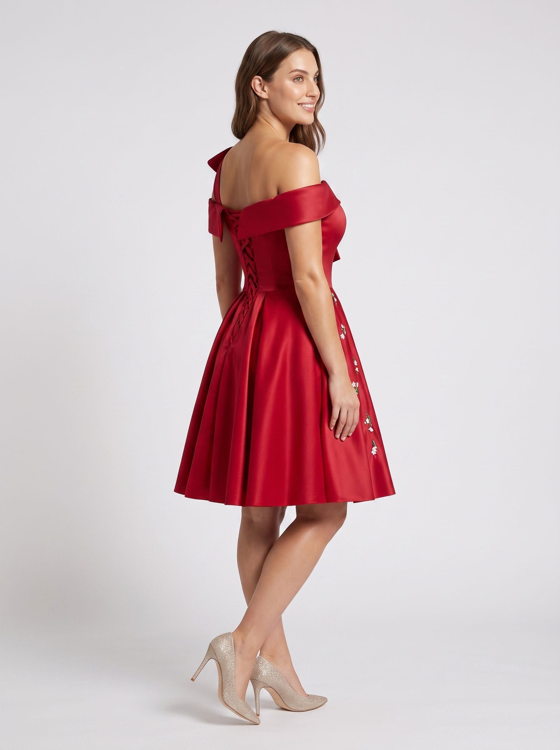 Red Satin A-Line Off-the-Shoulder Criss-Cross Straps Short Dress