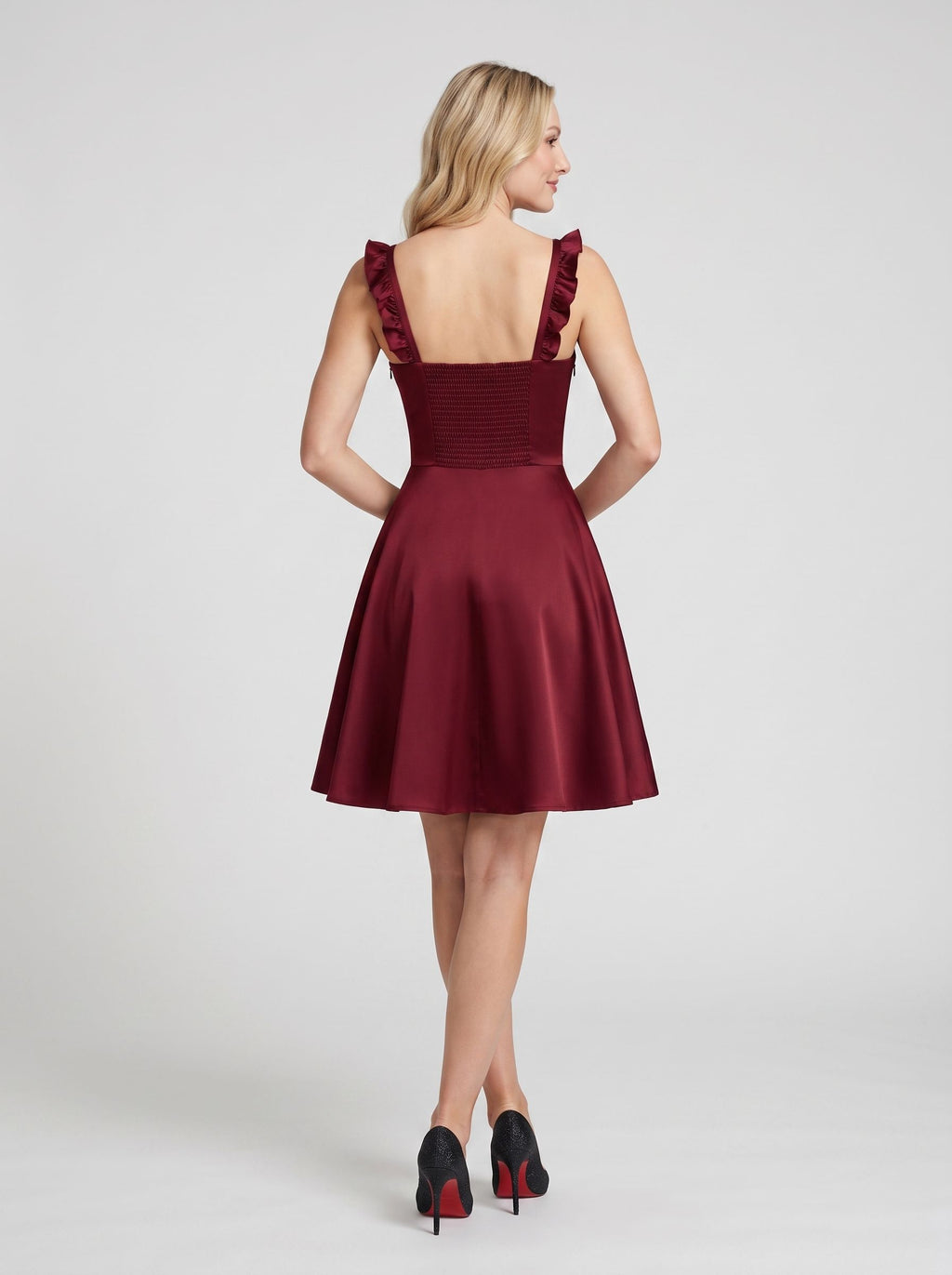 Burgundy Satin A-Line Square Neck Side Zip Short Dress with Ruffle Straps