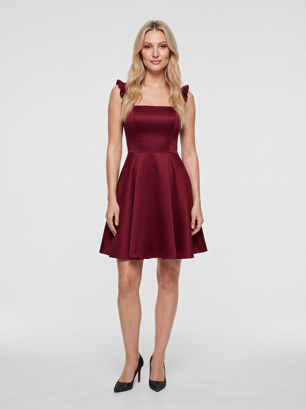 Burgundy Satin A-Line Square Neck Side Zip Short Dress with Ruffle Straps