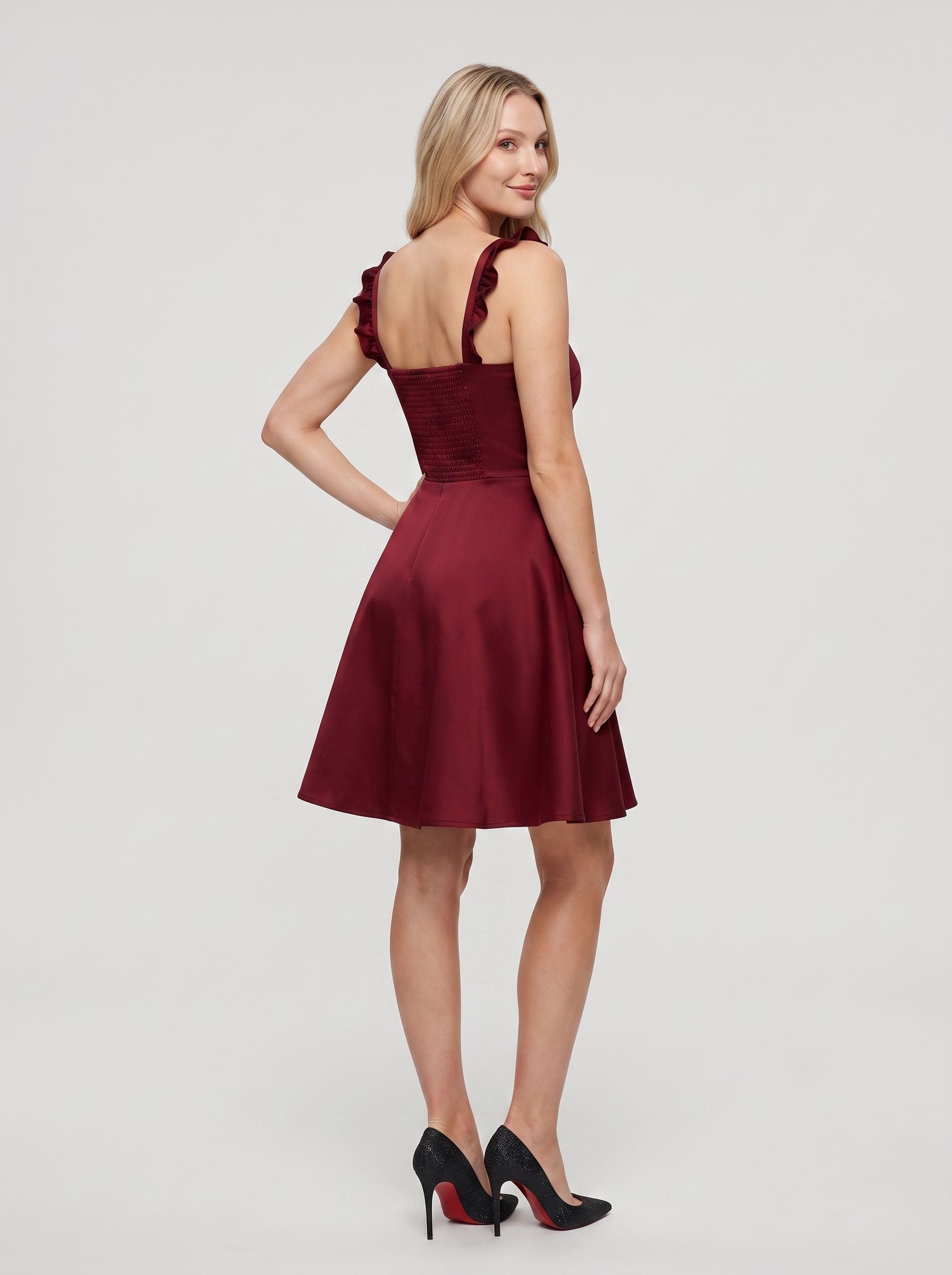 Burgundy Satin A-Line Square Neck Side Zip Short Dress with Ruffle Straps