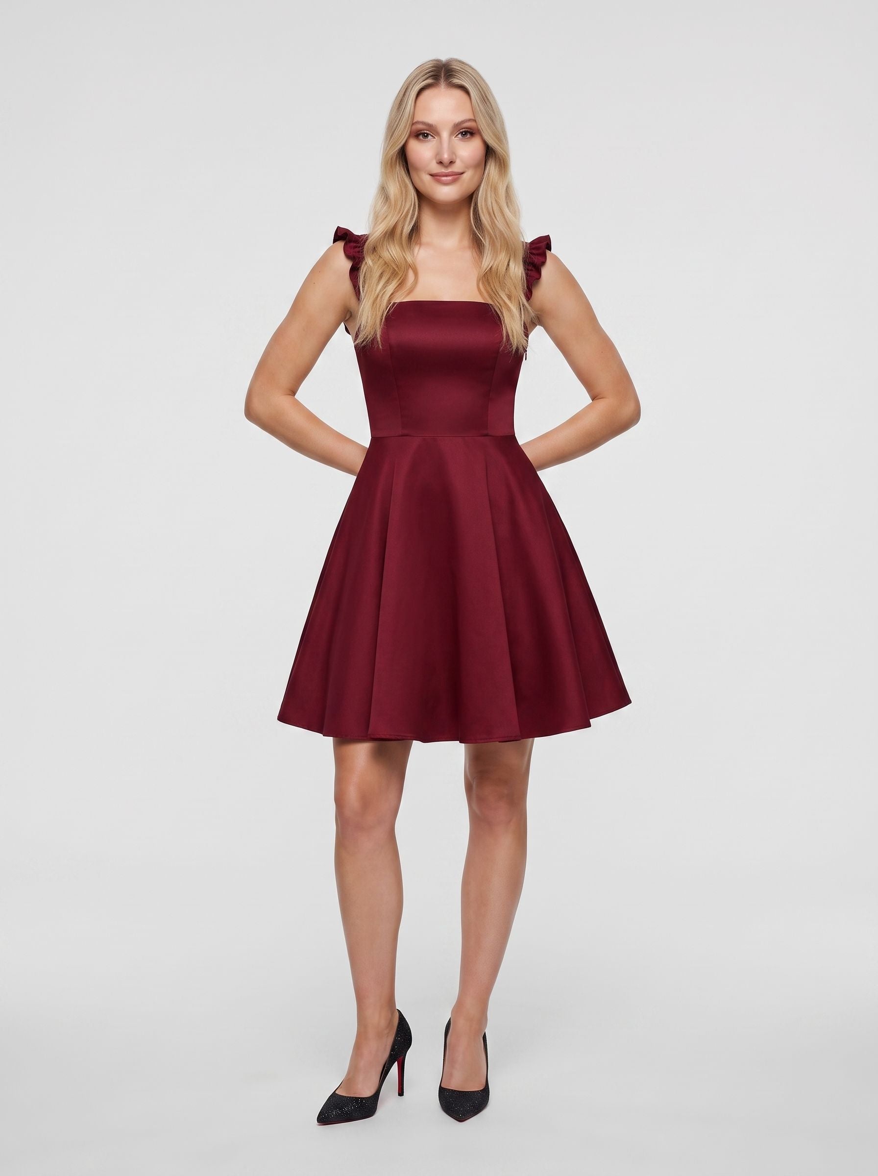 Burgundy Satin A-Line Square Neck Side Zip Short Dress with Ruffle Straps