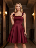 Burgundy Satin A-Line Square Neck Side Zip Short Dress with Ruffle Straps