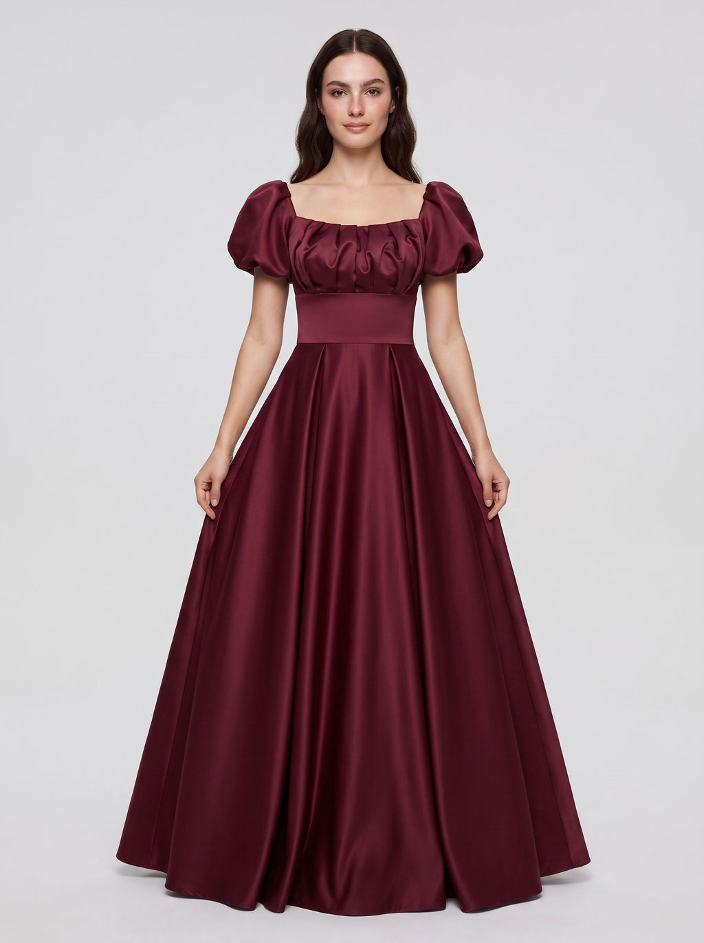 Burgundy Satin A-Line Square Neck Lace-up Floor-Length Dress with Pleated Bodice