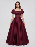Burgundy Satin A-Line Square Neck Lace-up Floor-Length Dress with Pleated Bodice
