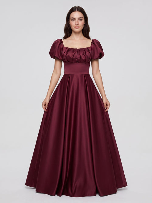 Burgundy Satin A-Line Square Neck Lace-up Floor-Length Dress with Pleated Bodice