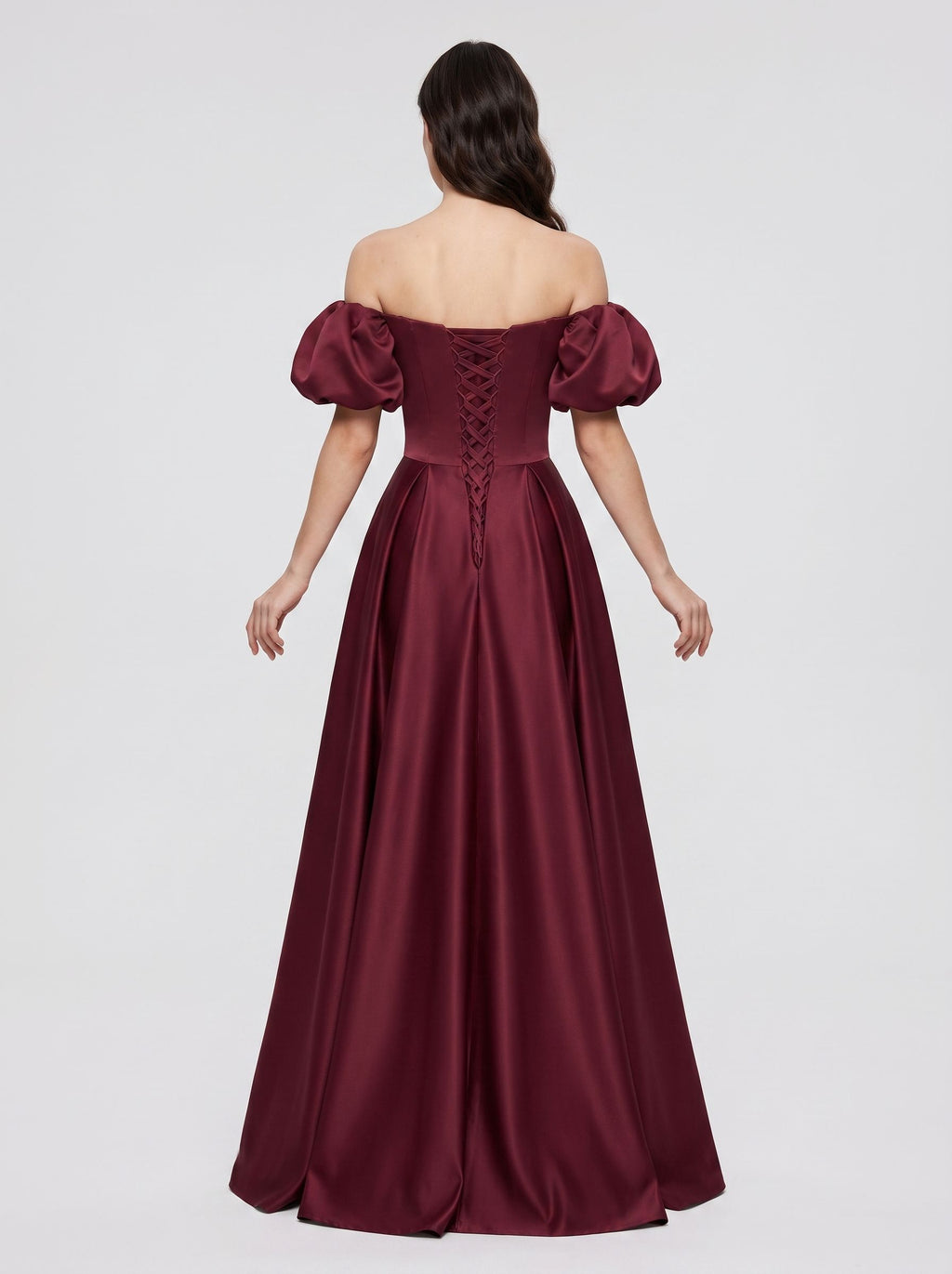Burgundy Satin A-Line Square Neck Lace-up Floor-Length Dress with Pleated Bodice