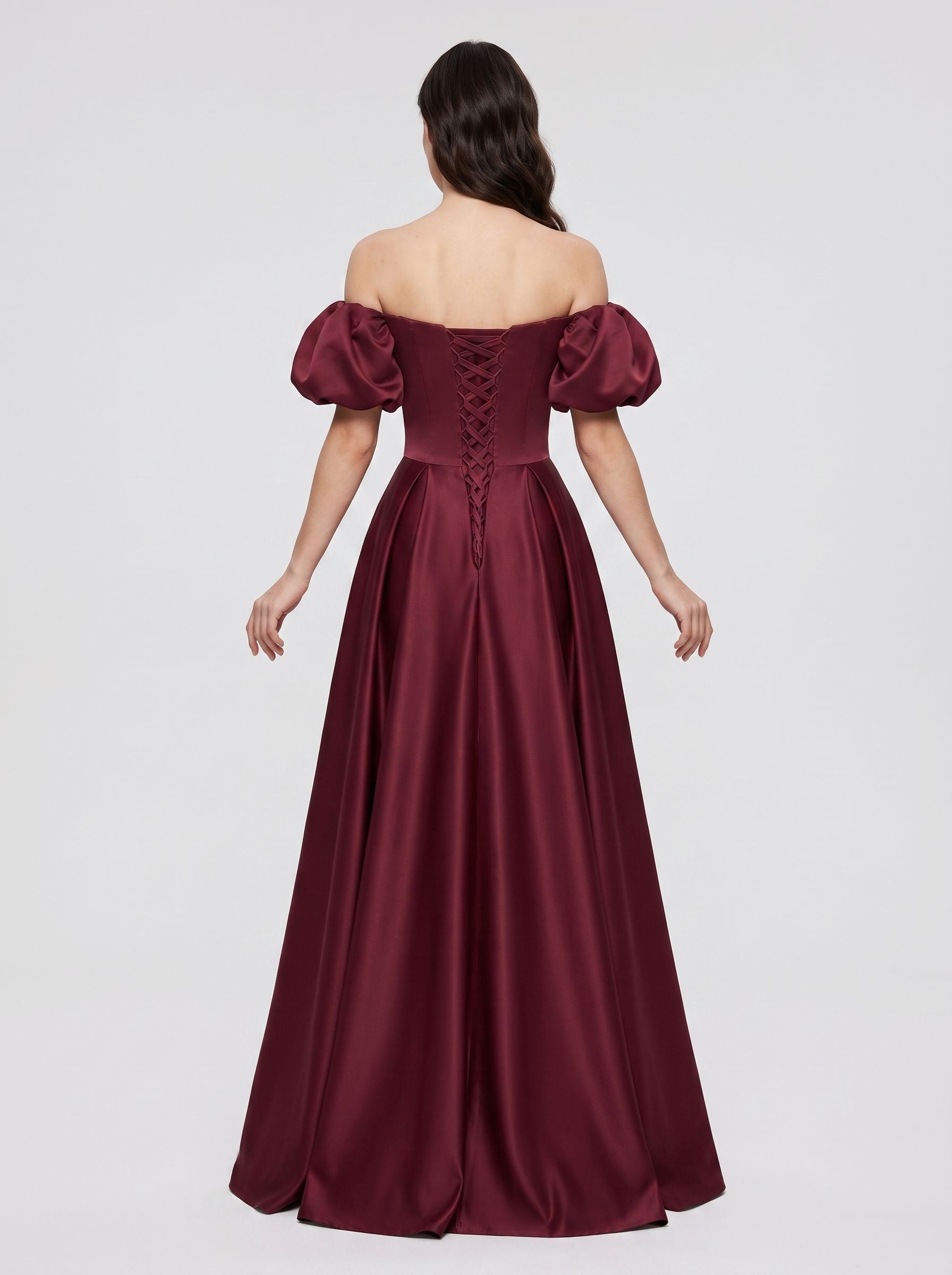Burgundy Satin A-Line Square Neck Lace-up Floor-Length Dress with Pleated Bodice