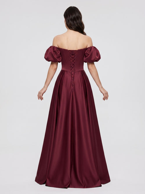 Burgundy Satin A-Line Square Neck Lace-up Floor-Length Dress with Pleated Bodice
