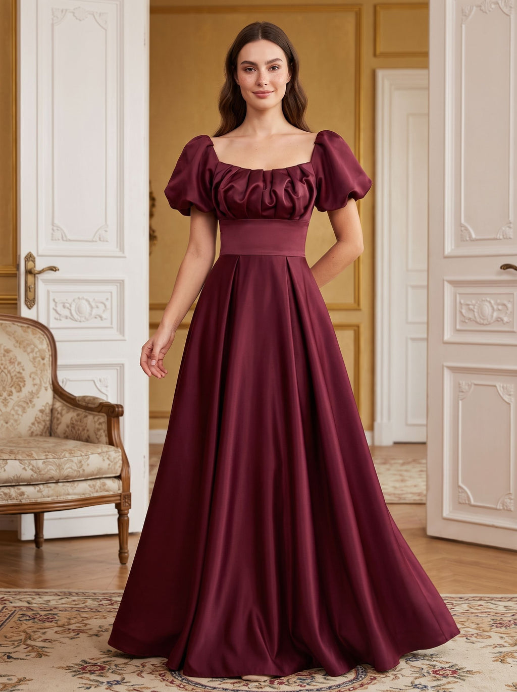 Burgundy Satin A-Line Square Neck Lace-up Floor-Length Dress with Pleated Bodice