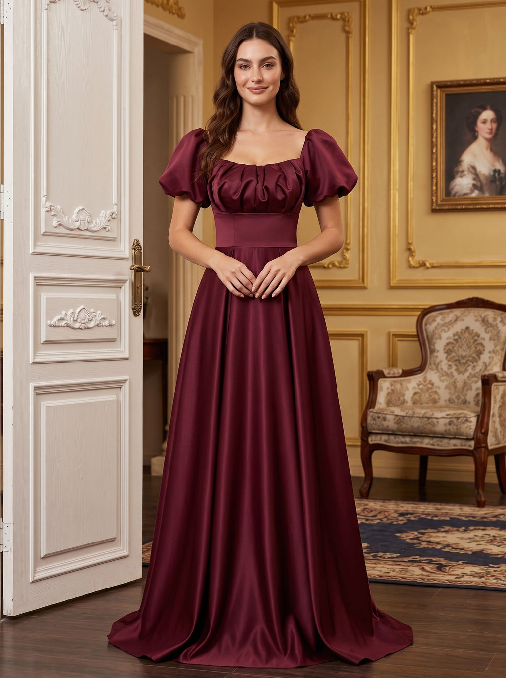 Burgundy Satin A-Line Square Neck Lace-up Floor-Length Dress with Pleated Bodice