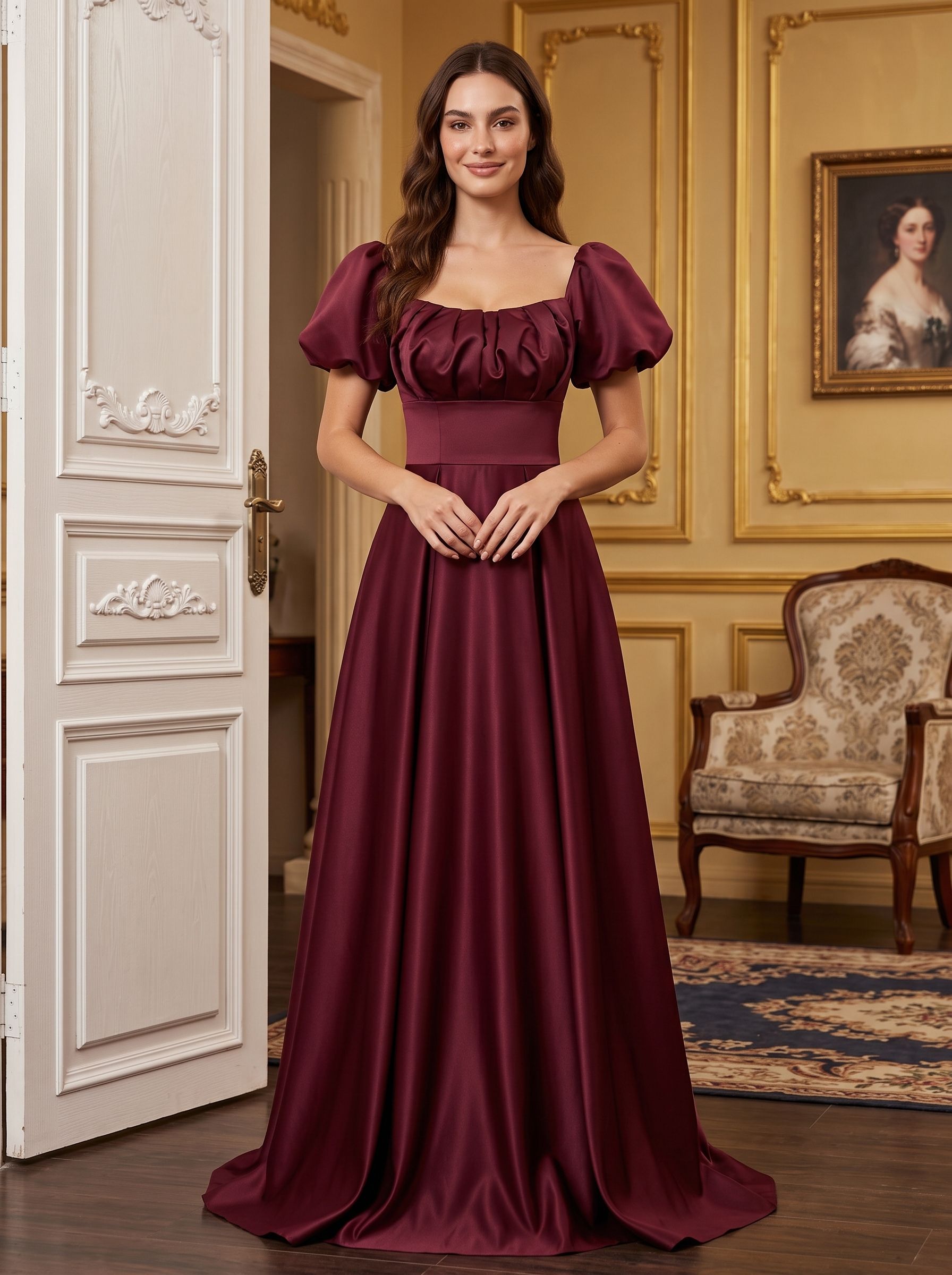Burgundy Satin A-Line Square Neck Lace-up Floor-Length Dress with Pleated Bodice