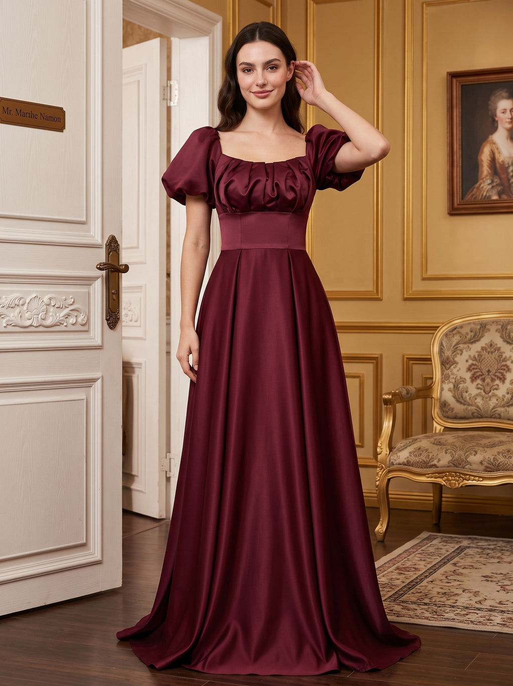 Burgundy Satin A-Line Square Neck Lace-up Floor-Length Dress with Pleated Bodice