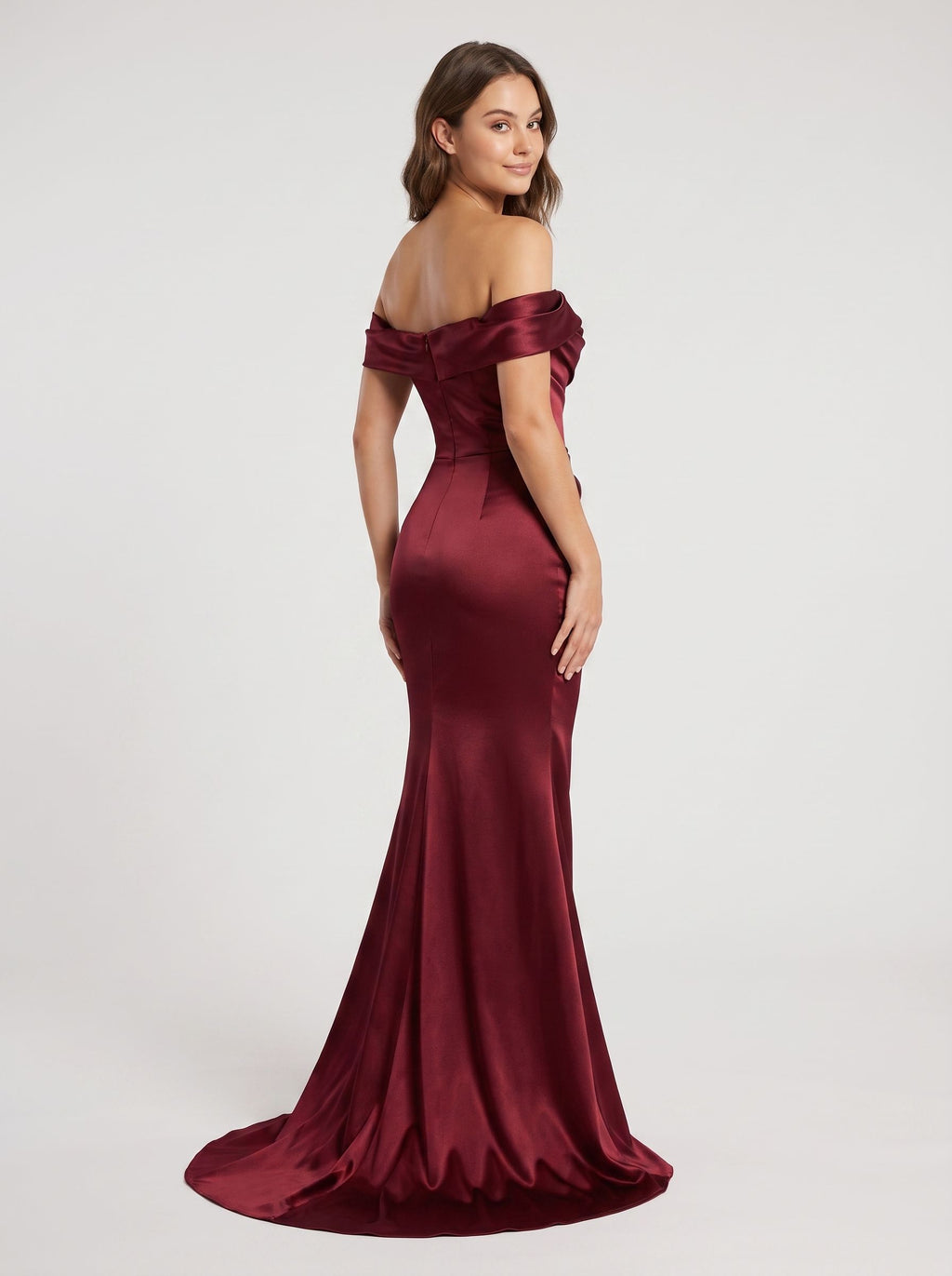 Burgundy Satin Mermaid Off-the-Shoulder Back Zip Floor-Length Dress with Draped Bodice