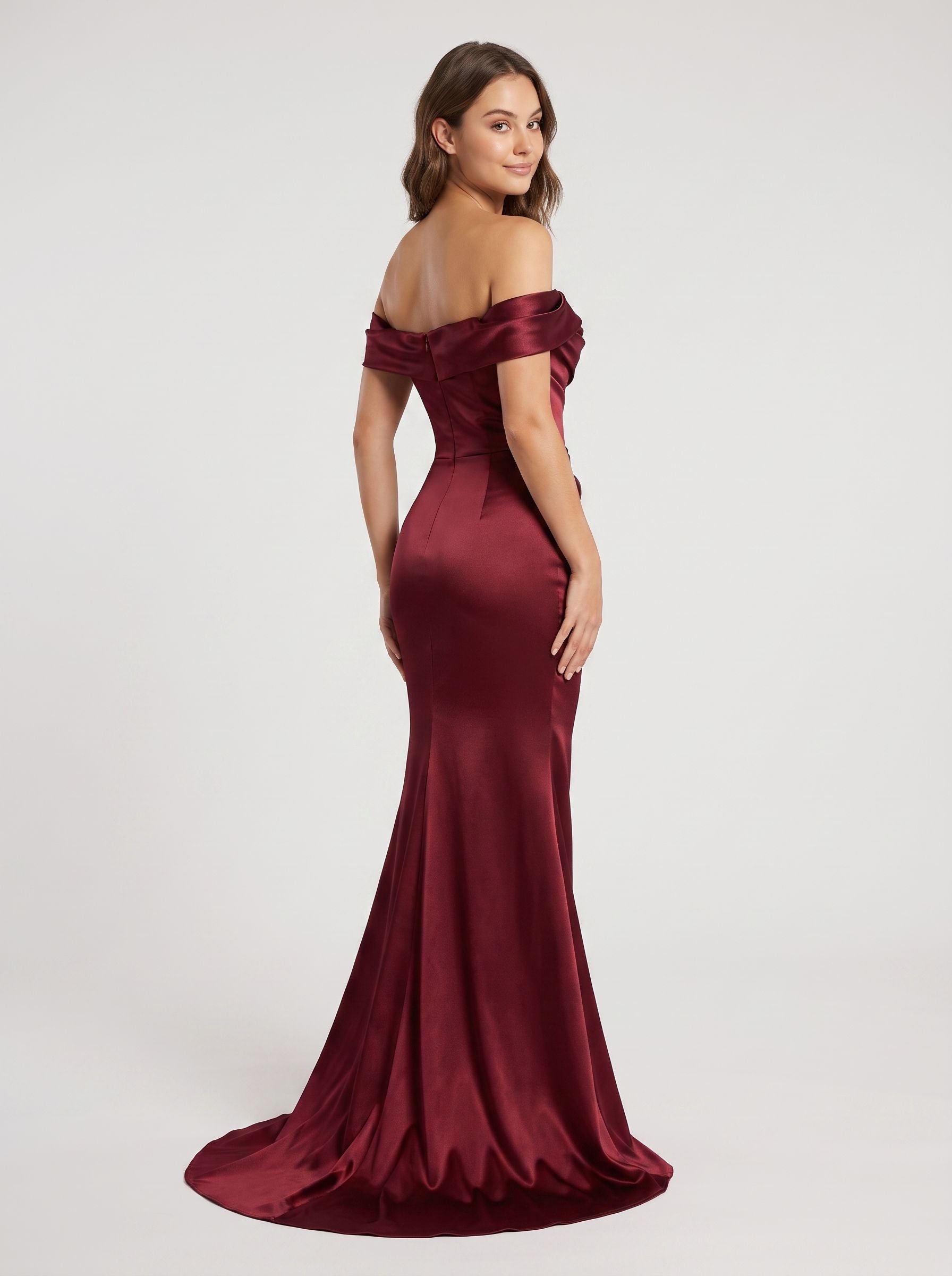Burgundy Satin Mermaid Off-the-Shoulder Back Zip Floor-Length Dress with Draped Bodice
