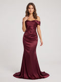Burgundy Satin Mermaid Off-the-Shoulder Back Zip Floor-Length Dress with Draped Bodice