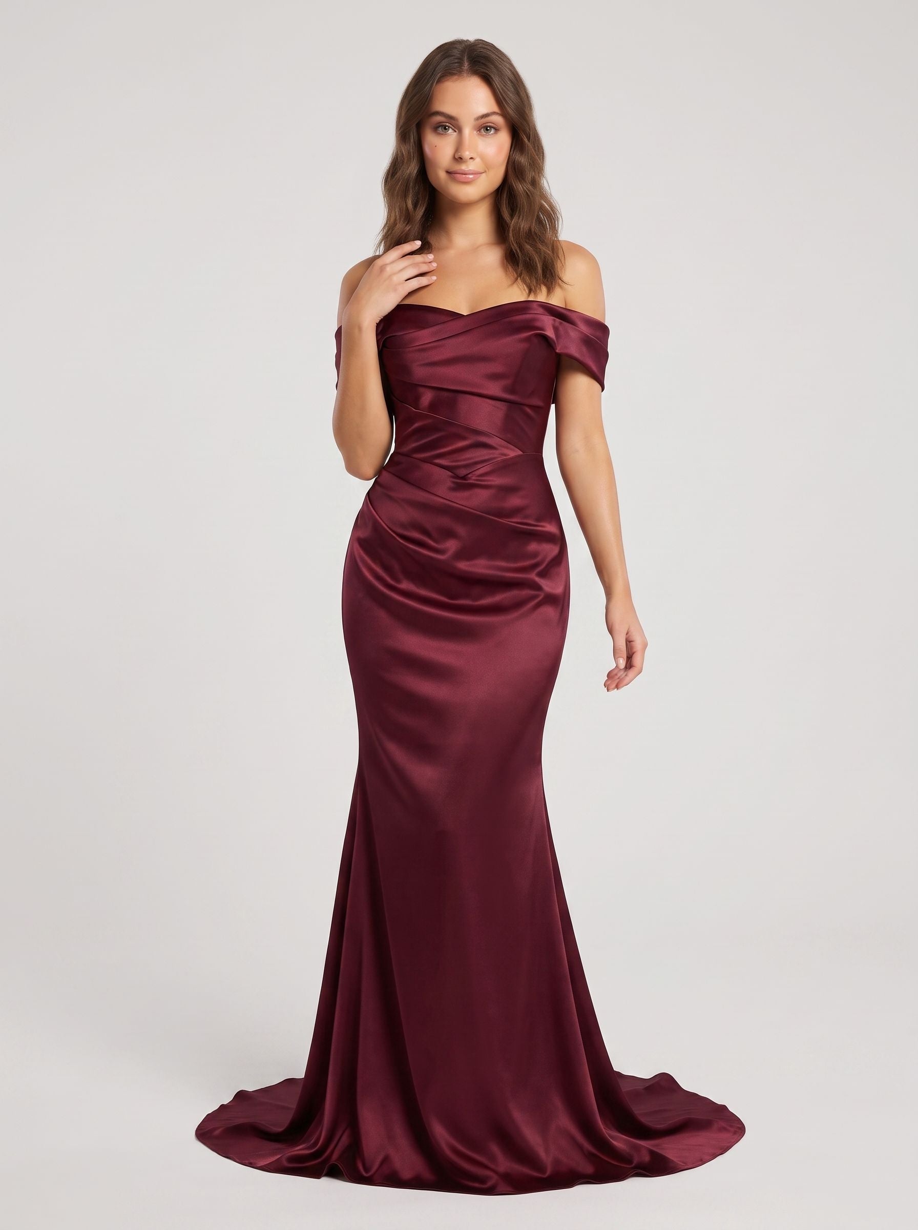 Burgundy Satin Mermaid Off-the-Shoulder Back Zip Floor-Length Dress with Draped Bodice