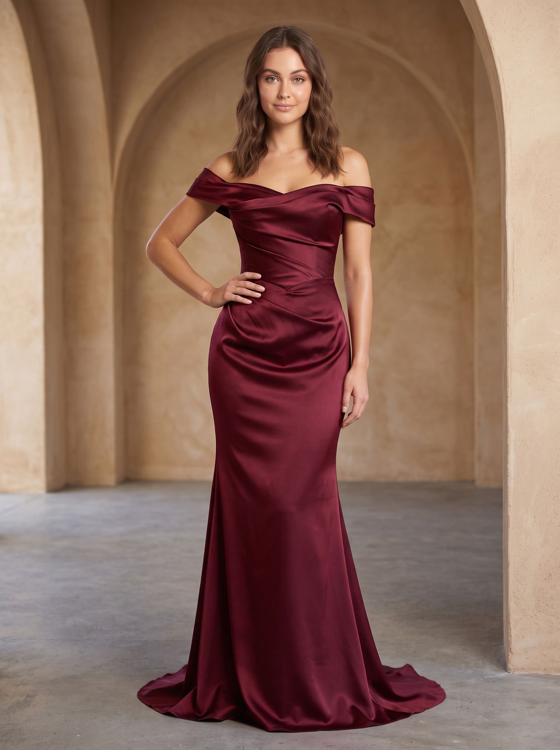 Burgundy Satin Mermaid Off-the-Shoulder Back Zip Floor-Length Dress with Draped Bodice